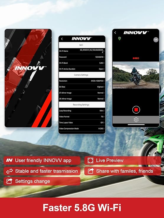 INNOVV K7 Motorcycle Dash Cam, 2K + 2K Front and Rear Camera with EIS Anti-Shake, Motorcycle DashCam with 24hr Sentry Mode, Emerg Auto Save GPS, App Connect, IP67 Waterproof, Max Support 512 GB