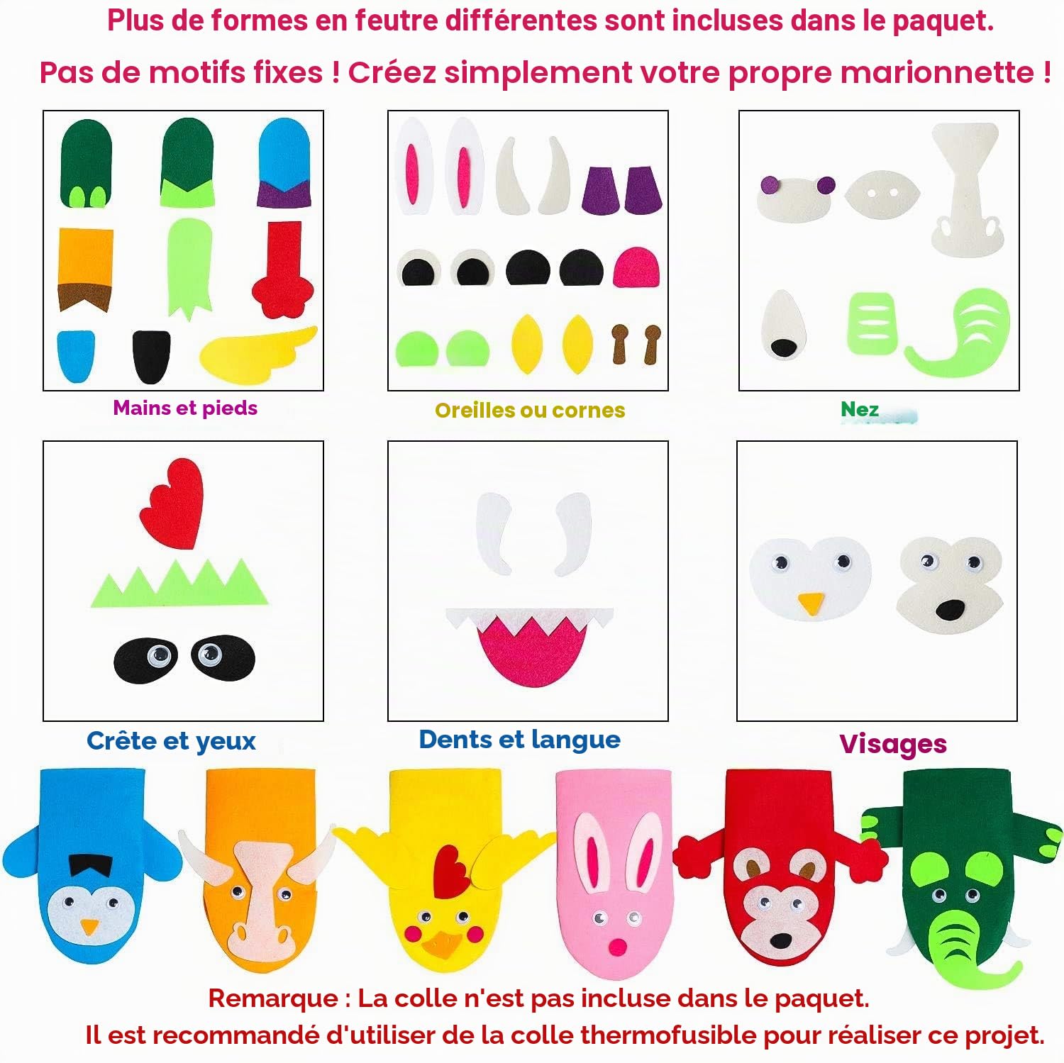 WATINC 12 Pcs Animal Main Marionnettes Kit de Fabrication pour Enfants DIY Art Artisanat Articles de Fête Enfants Jeu de Rôle Jouets Feutre Gant Marionnettes Montrer DIY Feutre Décors