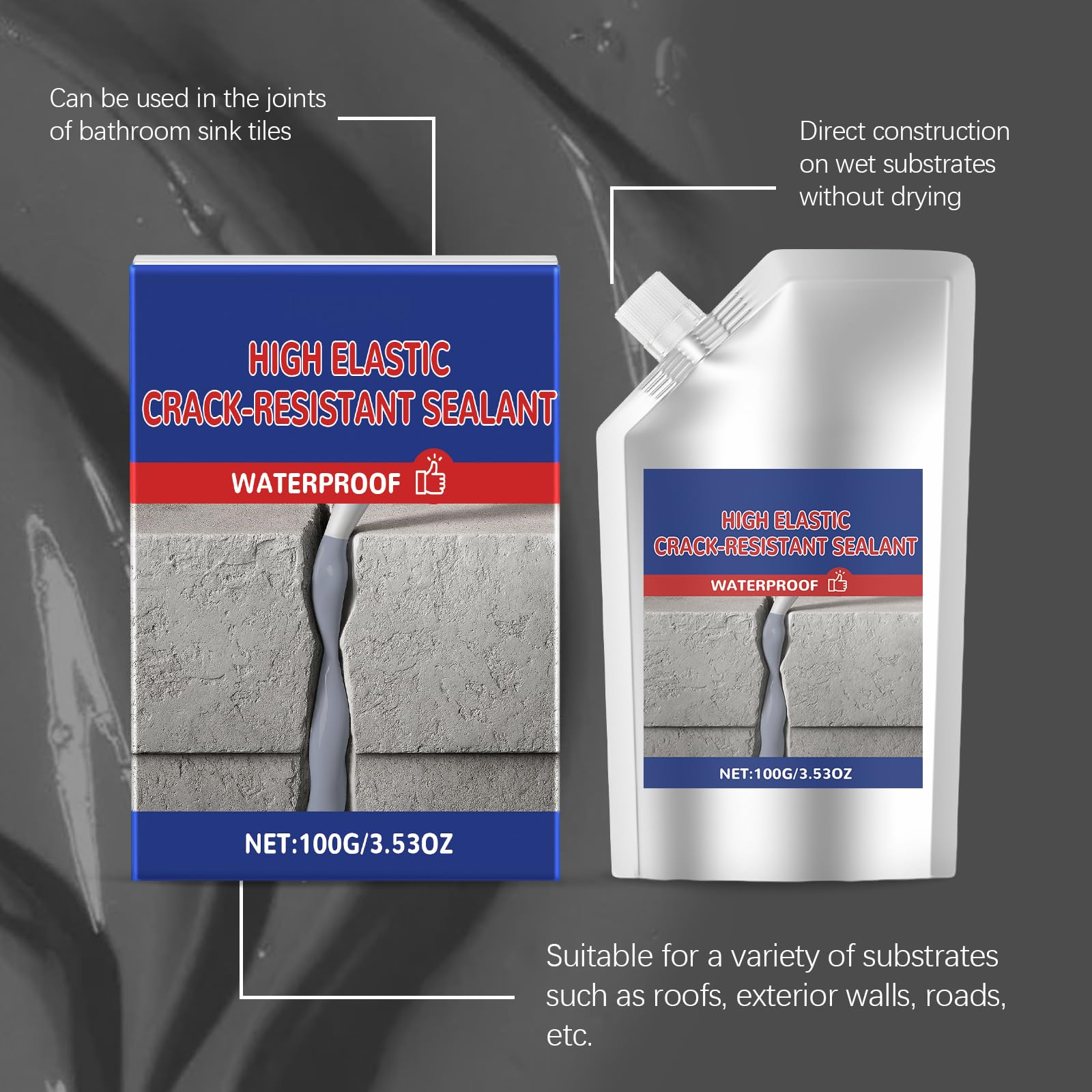 Mastic de réparation de fissures pour béton imperméable et autonivelant, mastic ciment haute élasticité, mastic anti-fissuration imperméable et haute élasticité, adhésif de réparation haute (6PCS)