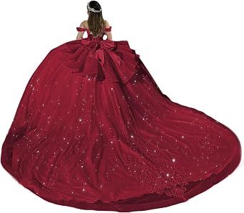 XYAYE Off Shoulder Beaded Quinceanera Dresses with Bow Puffy Tulle Lace Sweet 16 Dress Layered 3D Flower Ball Gown