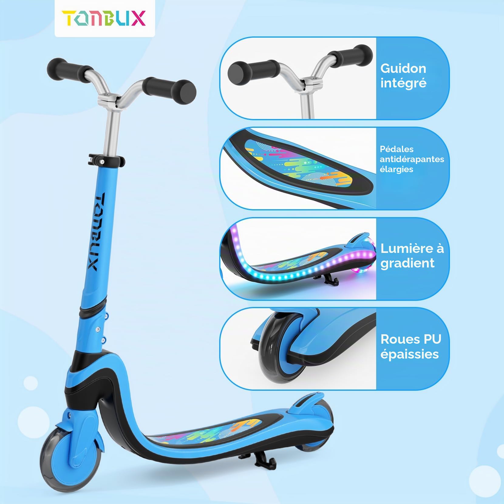 TONBUX Trottinette pour Enfants de 3 à 12 Ans, avec Planche Lumineuse Cool et Roues en Polyuréthane, Hauteur Réglable en 3 Niveaux, avec Support, Légère, Trottinete Enfants de 3 Ans