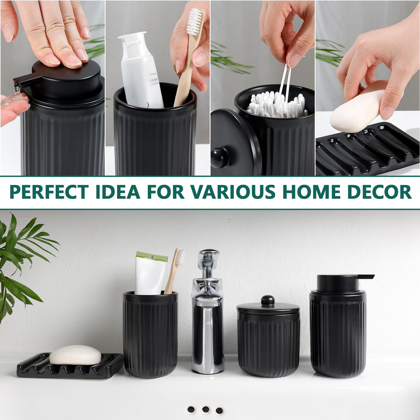BosilunLife Juego de 4 accesorios de baño de cerámica – Juego de jabón para encimera de baño, accesorios de decoración de baño, dispensador de loción, jabonera, soporte para cepillo de dientes / vaso