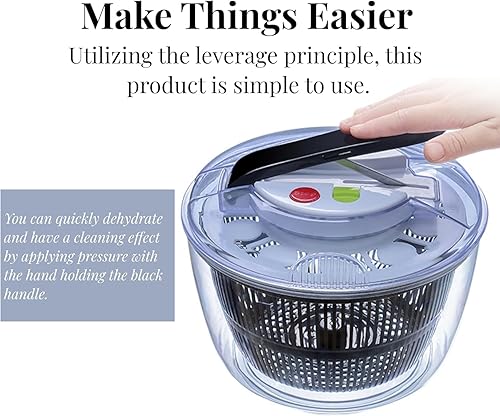 Miniatura 4 de Molinillo de ensalada, cuenco giratorio de cocina de 5 L, seguridad y durabilidad, secadora de ensalada 3 en 1 con tapa de gran capacidad, colador y