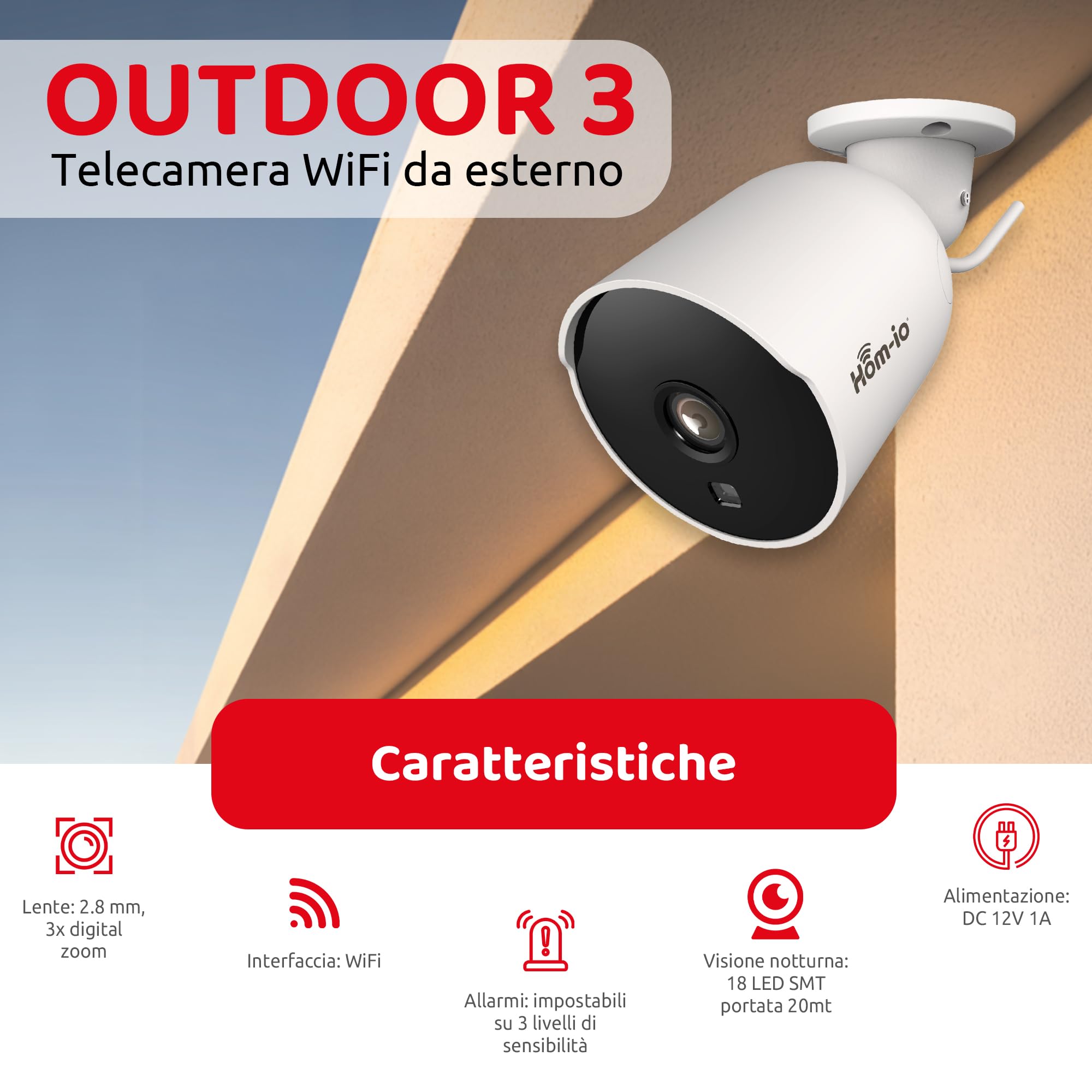 Hom-Io | Telecamera WiFi Esterno e Interno Bidirezionale, Videocamera di Sicurezza con Rilevamento Intelligente del Movimento, Modello OUTDOOR3 senza fili