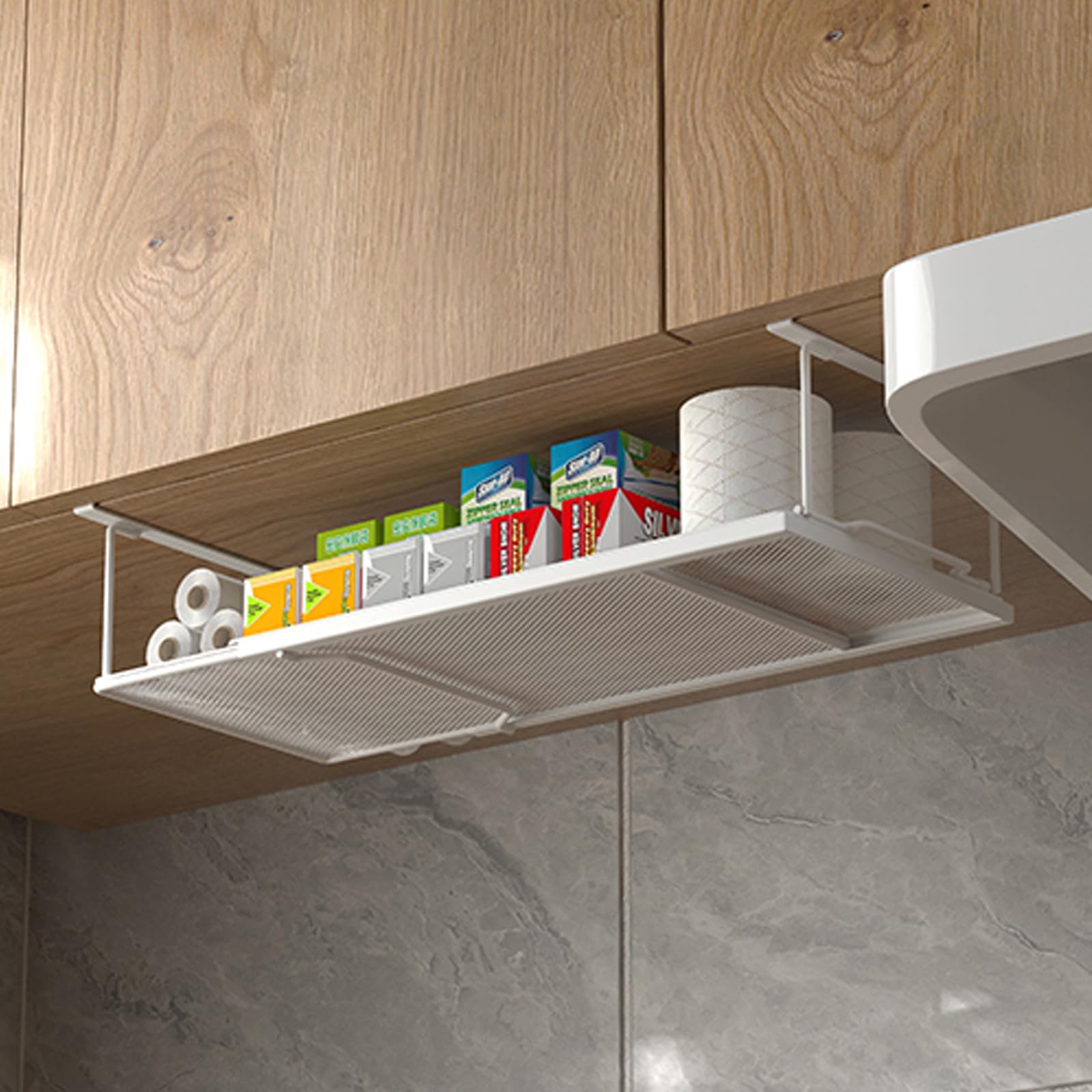 Cestello Sottoripiano Estensibile in Metallo, Organizzatore Sospeso senza Forature per Cucina, Ufficio, Dispensa e Armadio, Standard, Bianco
