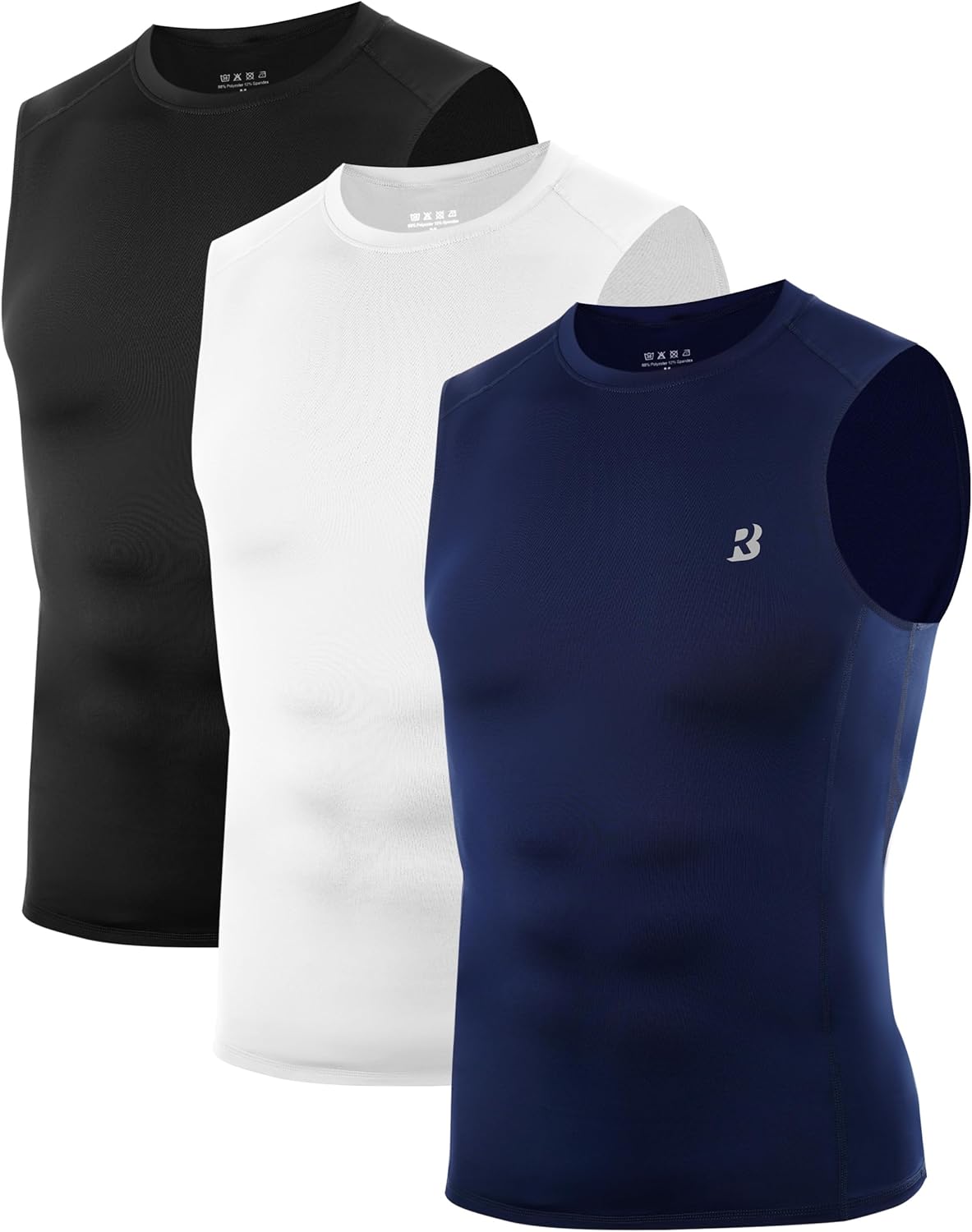 Roadbox 3 Pack Mens Sleeveless Compression Shirt, Cool Dry Athletic Workout Tank Top, Sports Running Gym Base Layer Shirts