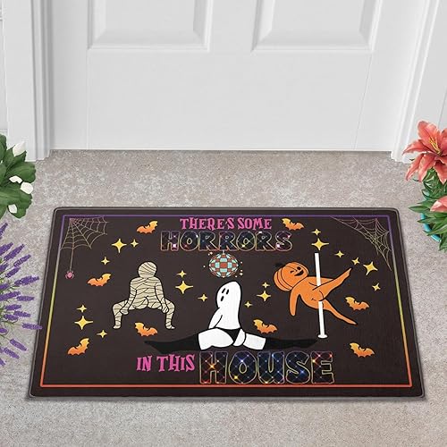 Tapete con texto en inglés "There's Some Horrors in This House", divertido tapete para puerta de Halloween, divertido tapete de bienvenida de