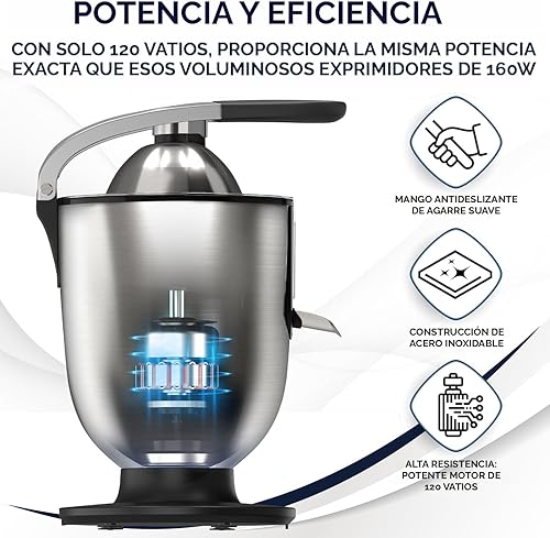 Miniatura 3 de Eurolux - Exprimidor eléctrico de cítricos para hacer jugos de naranja limón o pomelo hecho de acero inoxidable potencia de 160 vatios mango de