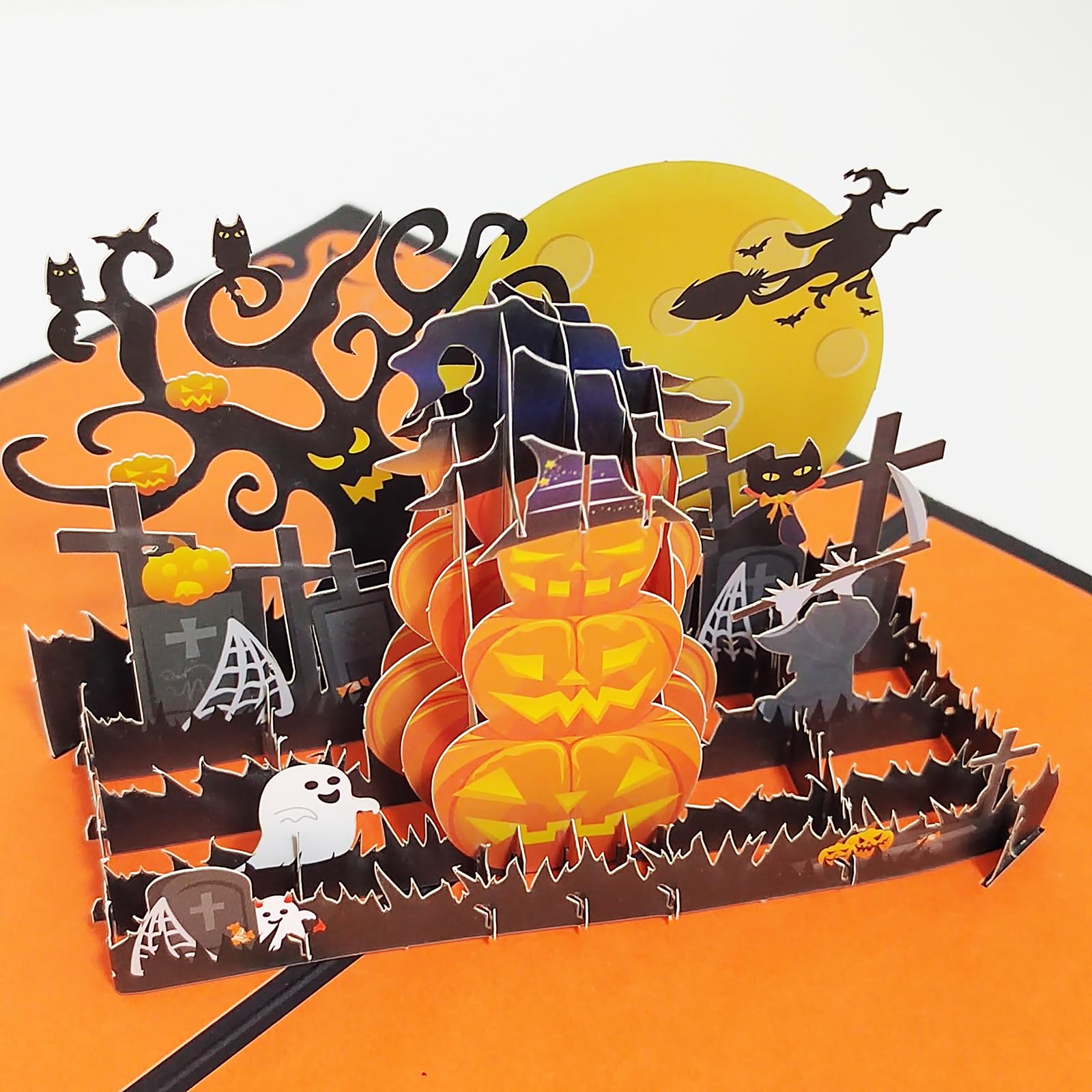 Happy halloween 3D Pop-Up cards Scary Pumpkin Faces Bats Witches Ghost Greeting Card, Black orange - Image 2