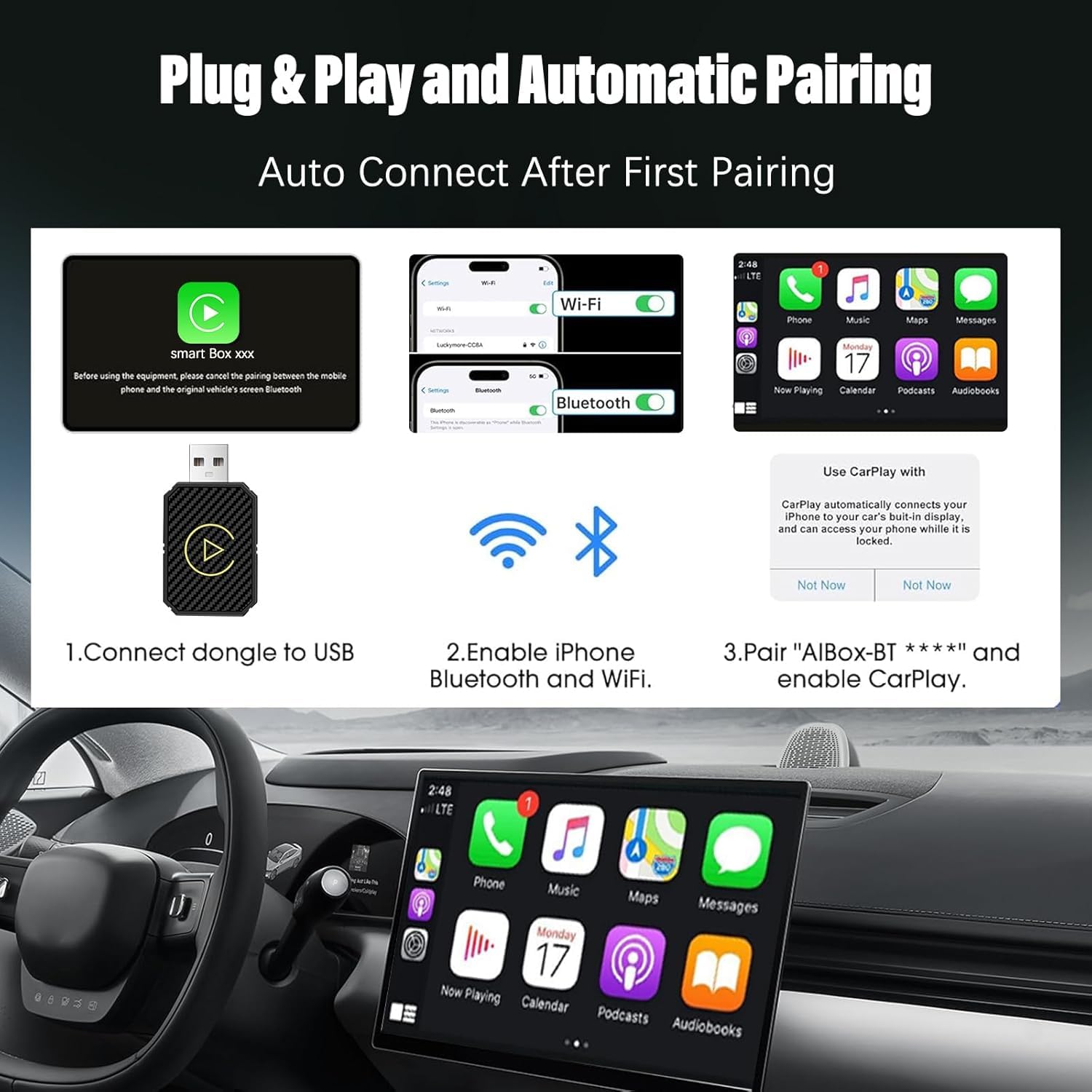 WEDETIAN Adattatore Carplay Wireless, Mini Car Play per Auto per iPhone, Car Play Dongle per Auto con USB A/C, Compatibile con auto dal 2016 e iPhone iOS 10+