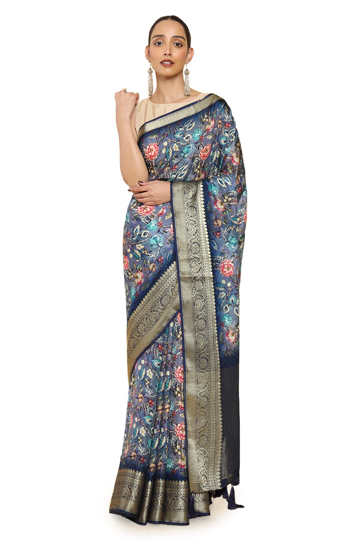 SochWomen Blue Silk Floral Saree