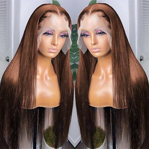 Pelucas largas de 26 pulgadas con encaje frontal de color marrón chocolate de 13 x 4 pulgadas, peluca frontal de encaje frontal Full HD #4, pelucas