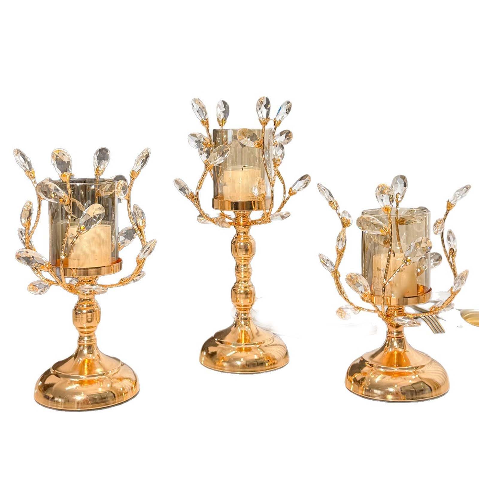 3-teiliges Set Goldener Kristall-Kerzenhalter, kunstvoll verzierte Kerzenständer im AST-Stil mit Glasschirmen für Hochzeitsdekorationen, Tischdekorationen und Akzente im Wohnzimme