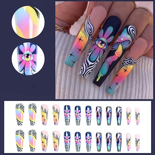 Miniatura 2 de Uñas postizas largas a presión para Halloween, uñas postizas acrílicas negras, diseño de ojos de flores y hongos, uñas artificiales de verano para