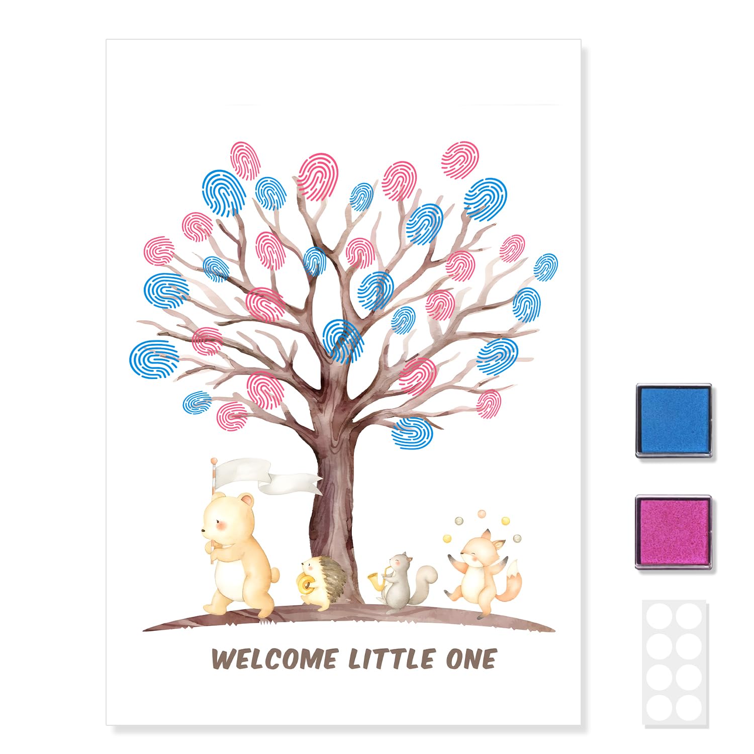 MOTIBACK Baby Gender Reveal Fingerprint Tree Guestbook, 42x30cm Keepsake Canvas with Animal Design, Includes Blue & Pink Ink Pads, Unique Baby Shower Decoration & Party Idea