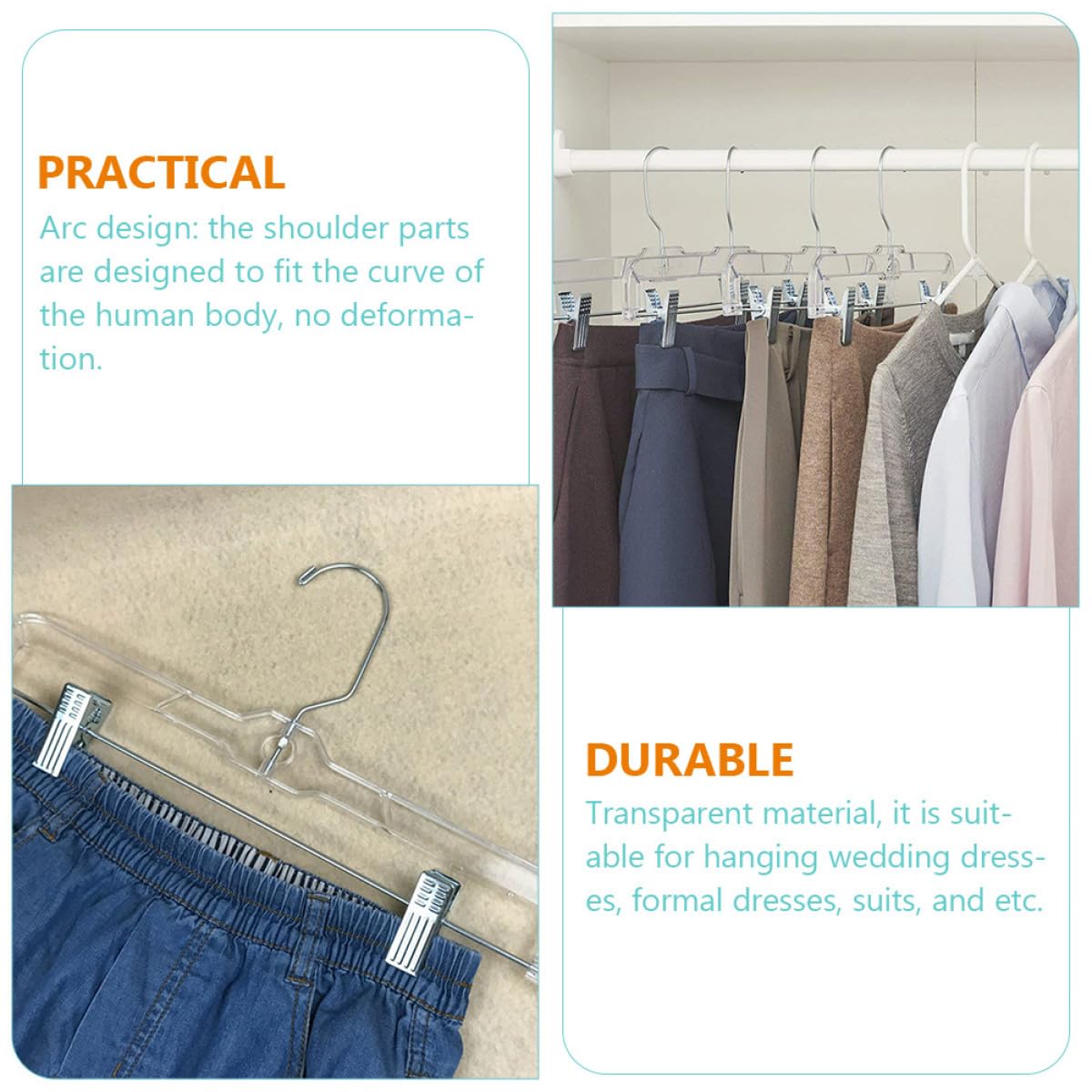 10 perchas transparentes para faldas y pantalones con clips, diseño ergonómico multifuncional y gancho giratorio para armario y exhibición minorista