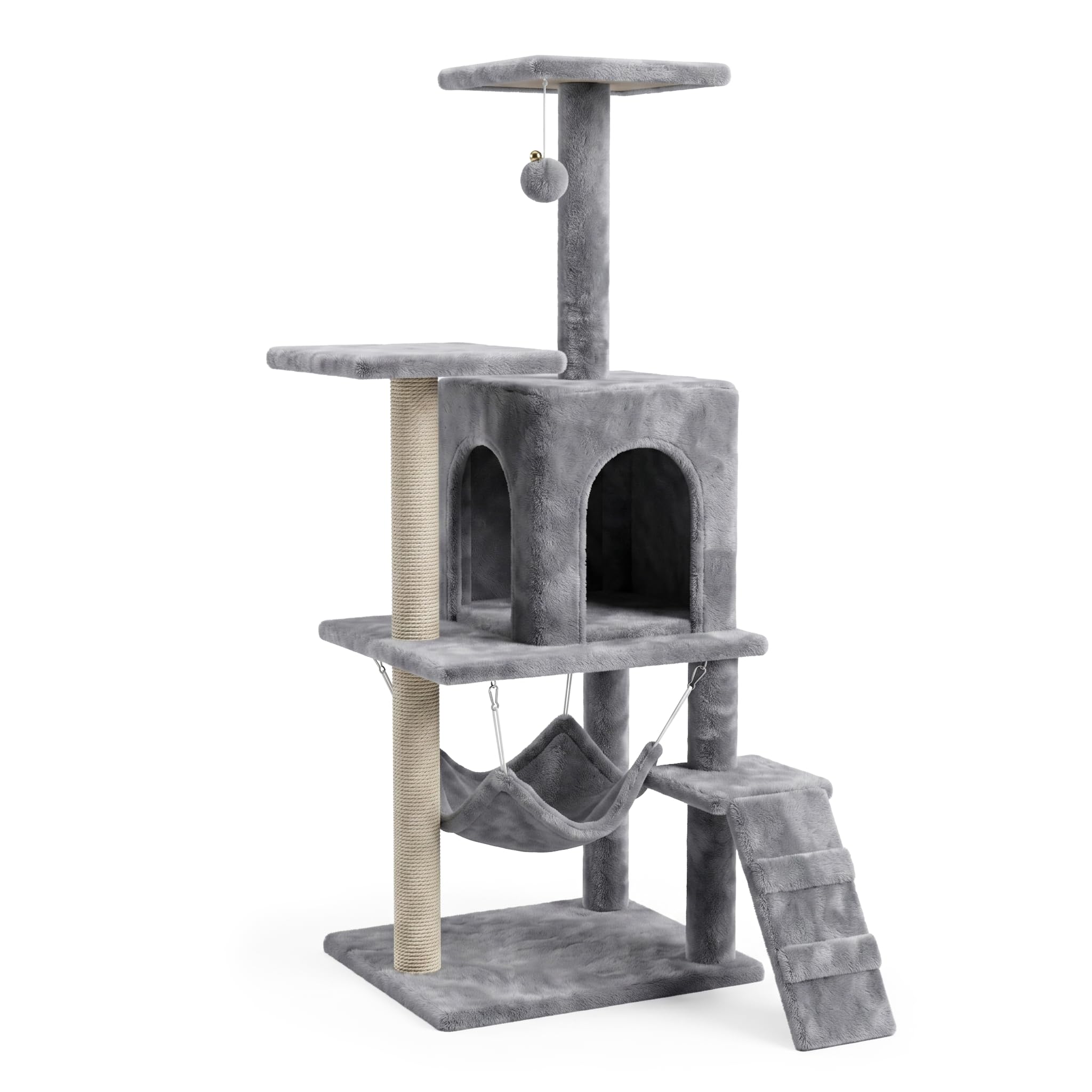 Kratzbaum mittelgroßer, Katzenbaum mit Katzenhöhle Rampe und Hängematte, Aktivitätskratzbaum mit Kratzsäule Plüschball 4 Ebenen 138 cm für Katzen grau BE-Active