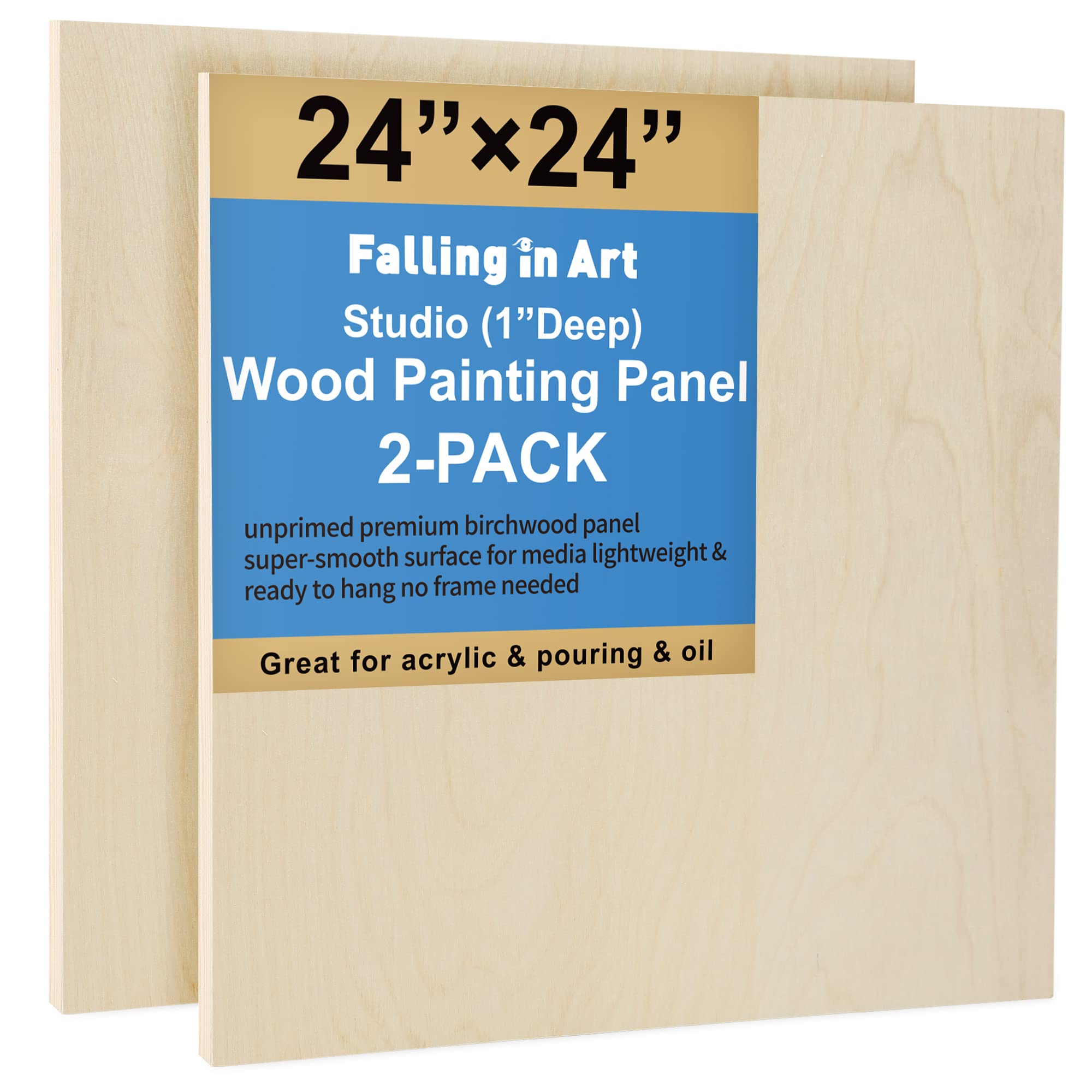 Falling in Art Unfinished Birch Wood Panels Kit for Painting, Wooden Canvas 2 Pack of 24”x24” Studio 1” Deep, Cradle Boards for Pouring, Art, Crafts,