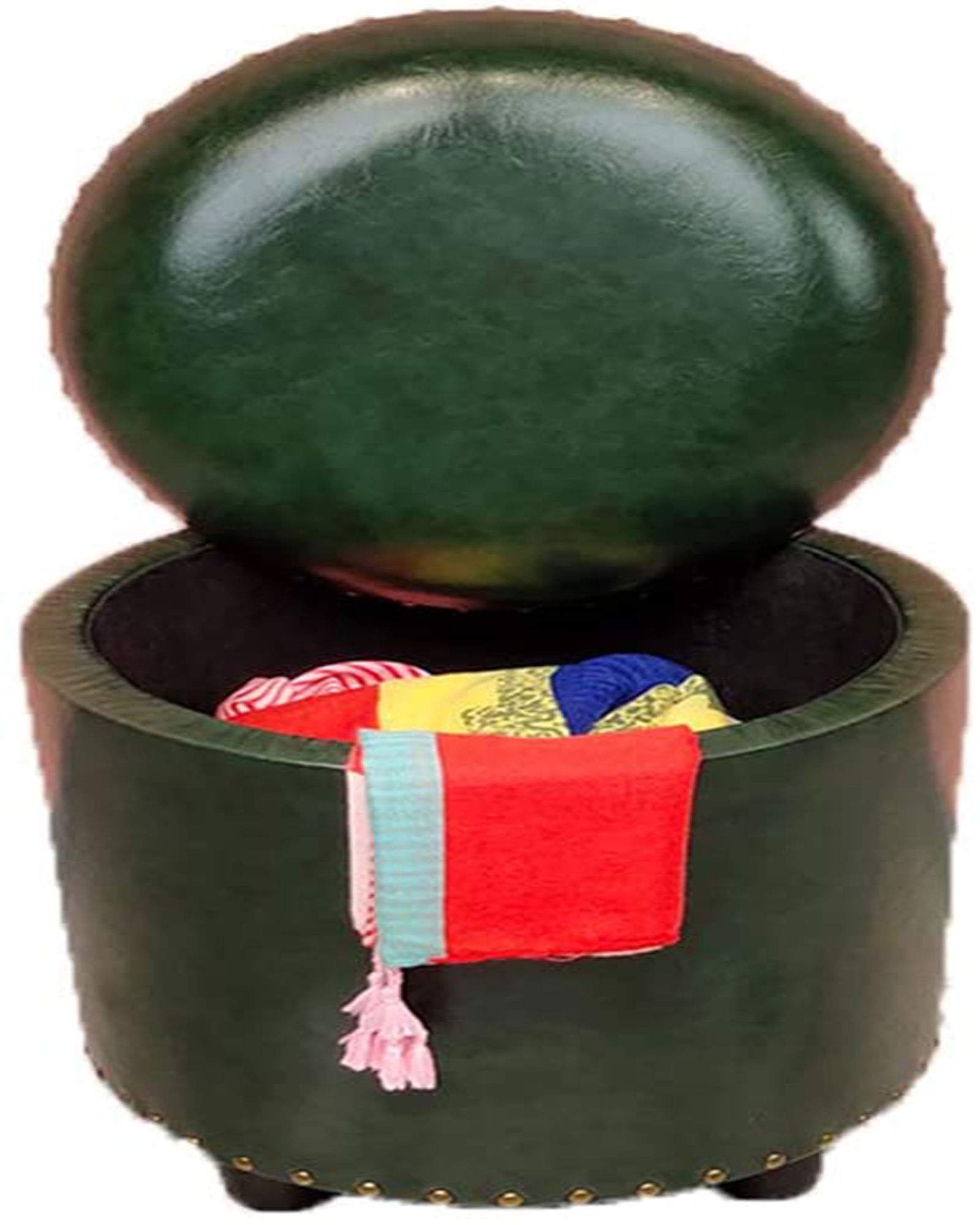 Pouf de forme ronde vert foncé : le tabouret coffre idéal pour un salon ordonné et cosy