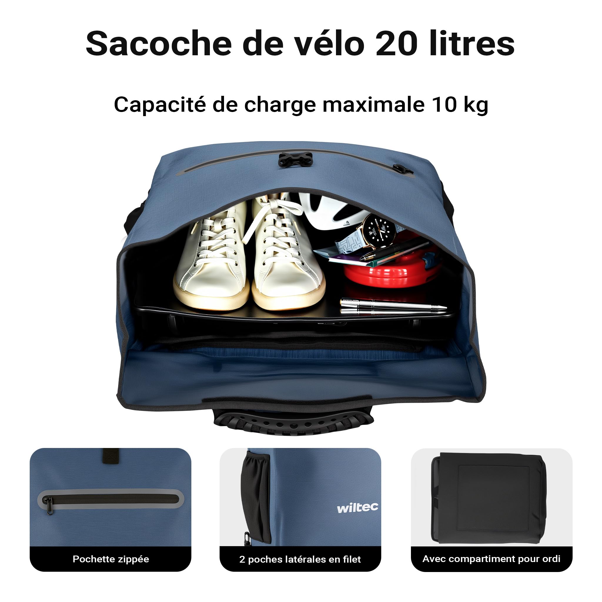 Wiltec Sacoche sac à dos étanche pour porte-bagages bleue – capacité de 20 L – en 600D TPU – avec compartiment pour ordinateur portable – pour vélos et vélos électriques – Sac de bicyclette – Cyclisme