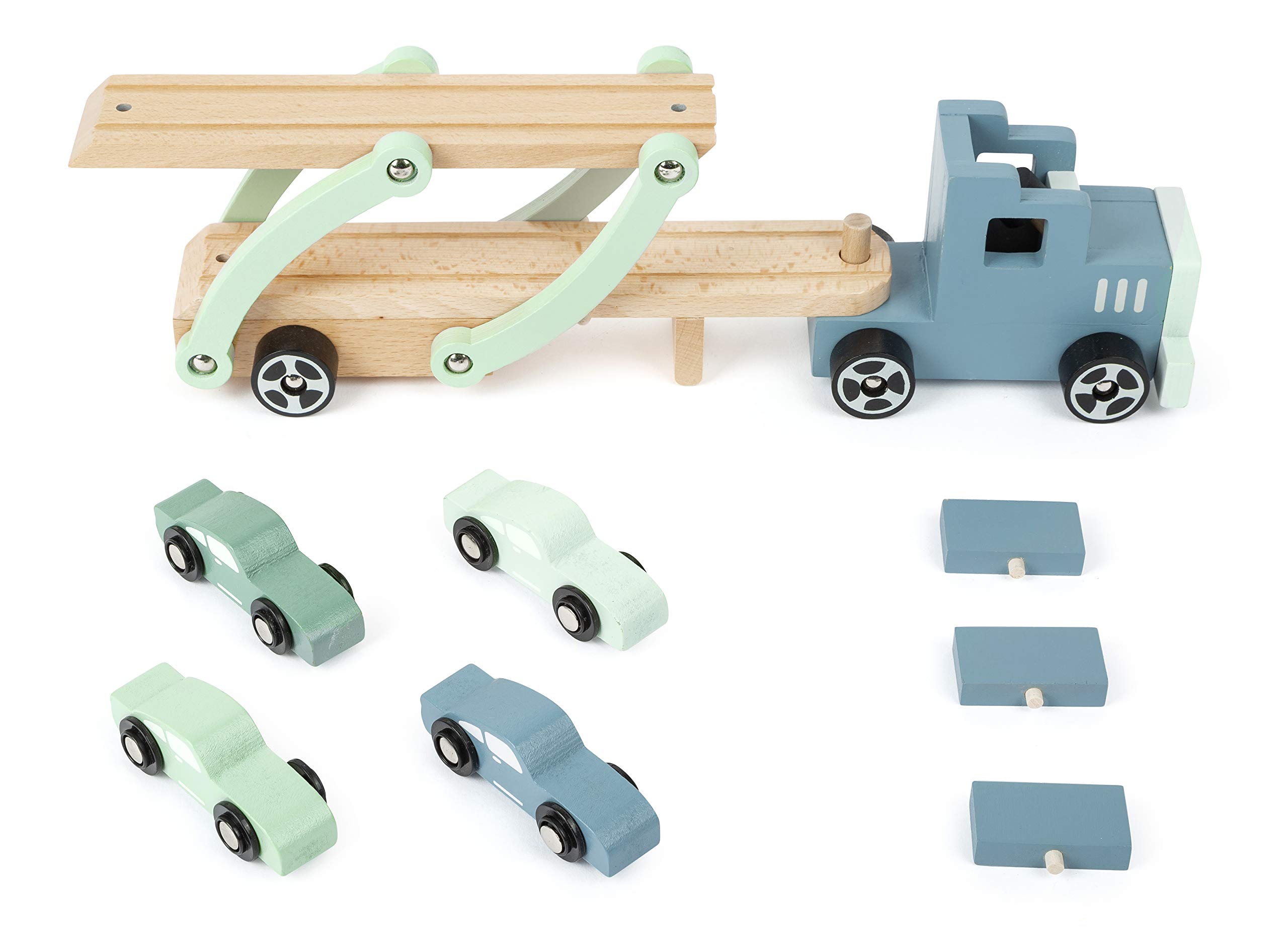 Small Foot 11510 Bisarca Chicago in Legno, con rampa di carico Mobile, rimorchio Rimovibile e 4 Auto, a Partire dai 3 Anni