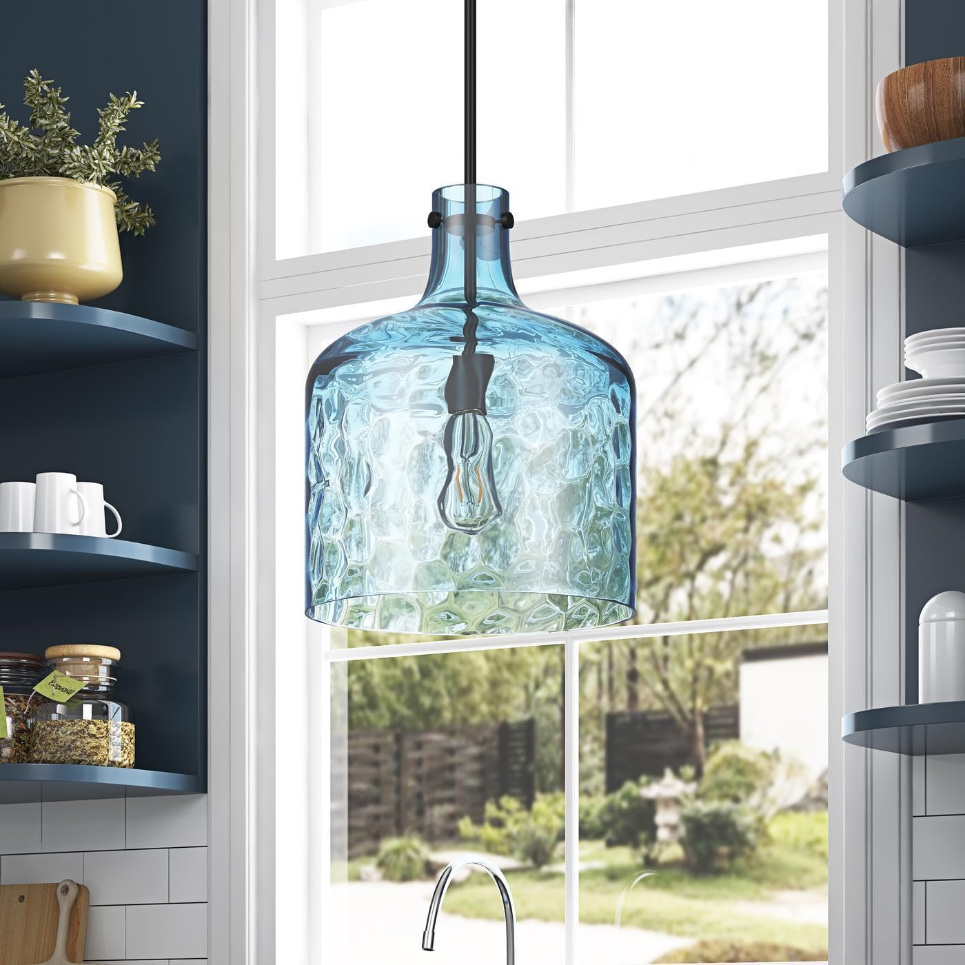Modern 1-Light Kitchen Island Lights Fixture 11.8 inch Blue Glass Lighting with Bell Shade Farmhouse Adjustable Hanging Light Adjustable Chandeliers/Color/Blue