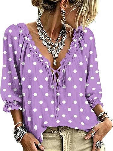 Womens Boho Summer Tops 3/4 Sleeve Ruffle Lace Up V Neck Shirts