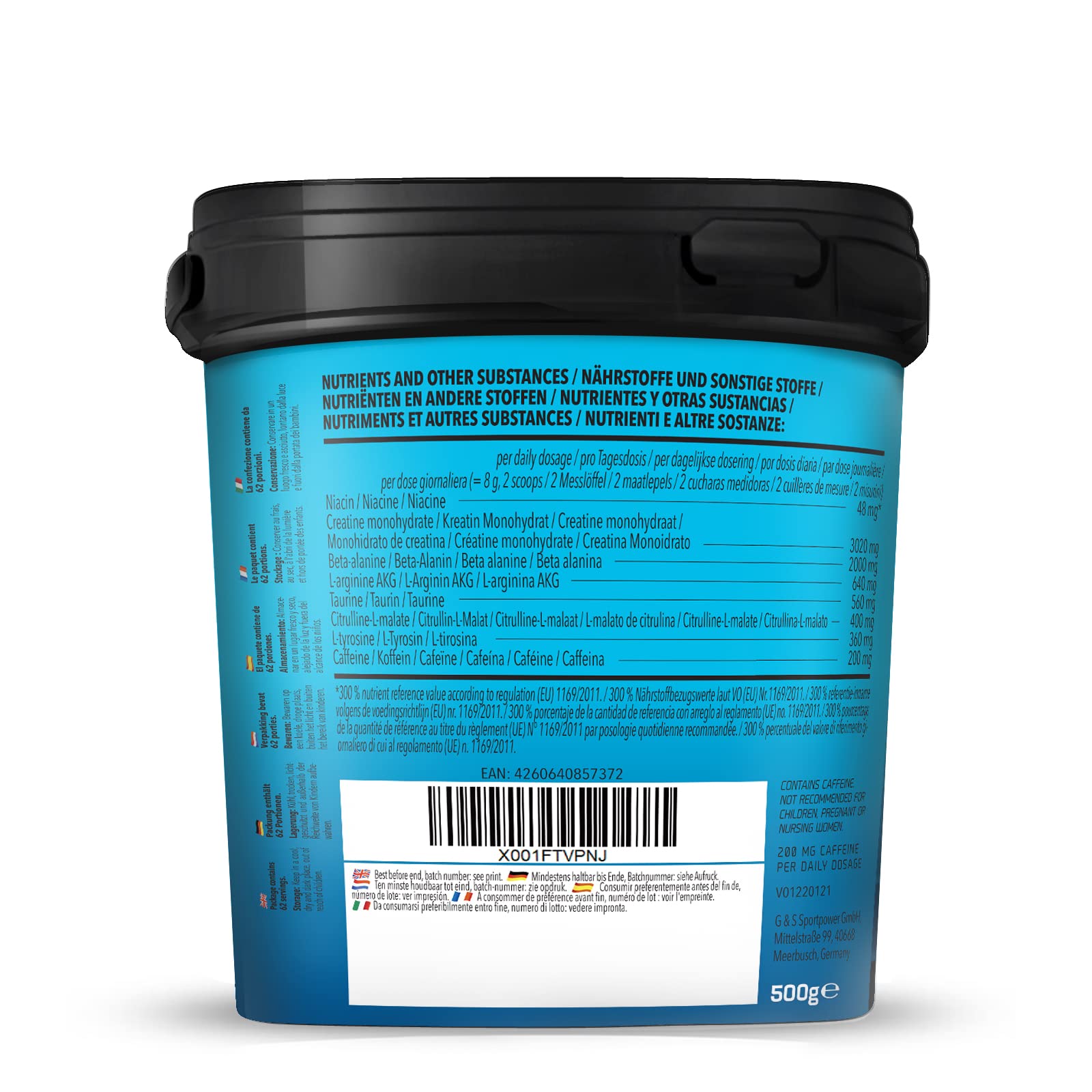 Bodylab24 Concentrated Pre-Workout Booster Anguria 500g, booster di energia con creatina, beta-alanina, arginina, niacina e caffeina, per più potenza ed energia durante gli allenamenti