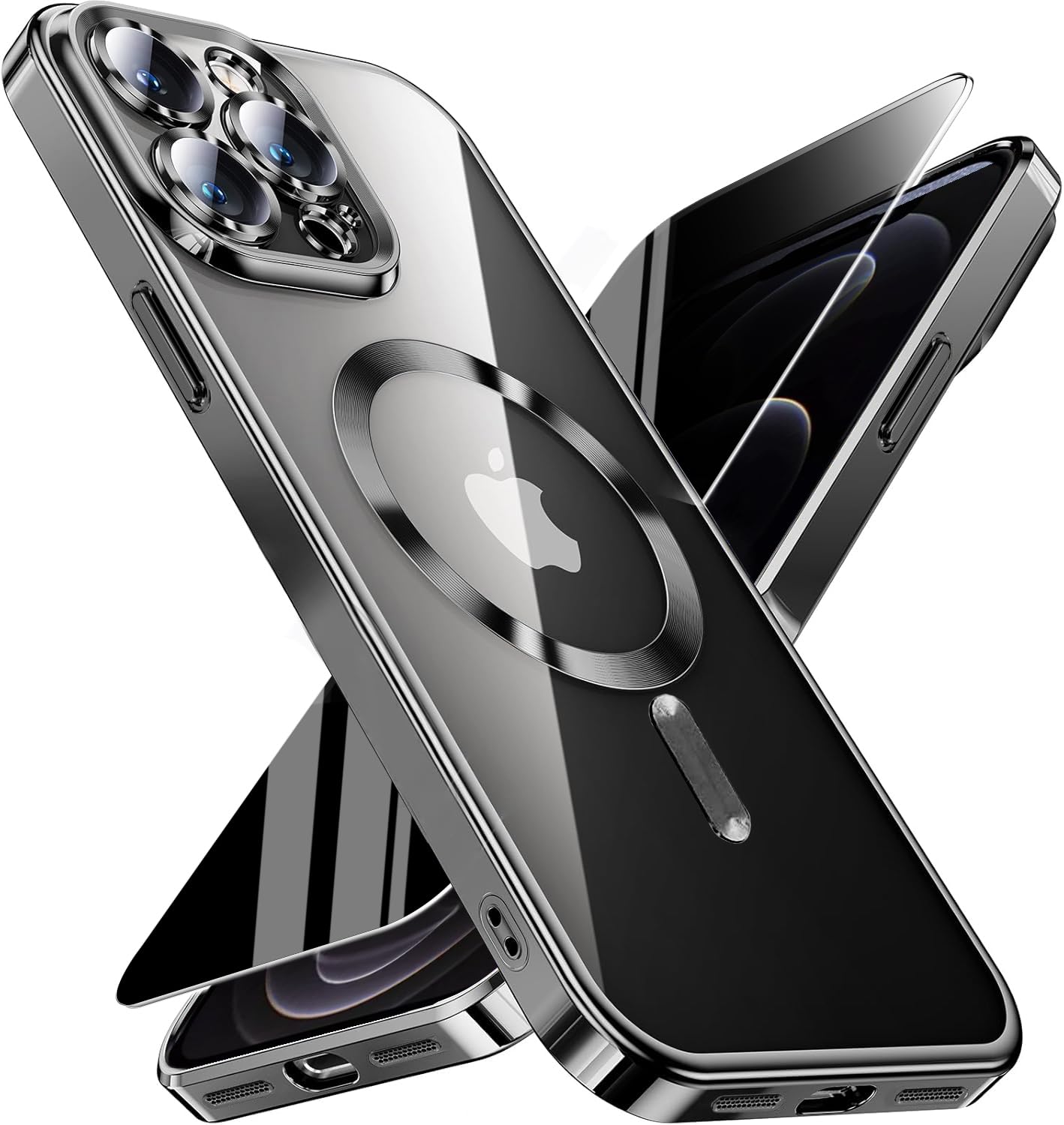 Magnetic for iPhone 12 Pro Max Case with Privacy Screen Protector &amp; Full Camera Cover,[Non-Yellowing] Plating Glossy Soft Shockproof Clear Phone Case with Women Girls for 12 ProMax,Black