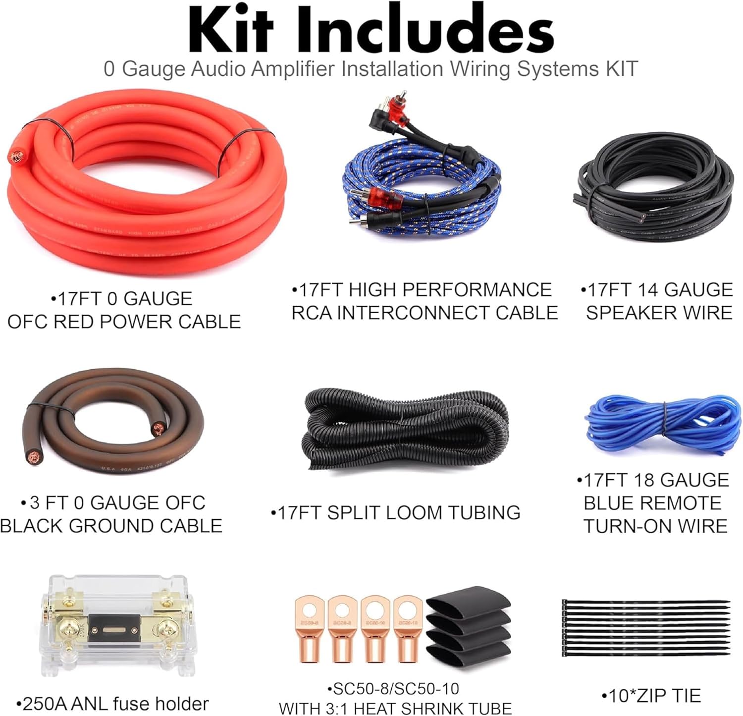 1/0 Gauge (0 AWG) Pure OFC Amplifier Wiring Kit 6000W - Heavy Duty Car Audio Power Cable with Fuse Holder & RCA | for High Power Subwoofer & Big 3 Upgrade | Verify 0.33" OD Fits Your Amp