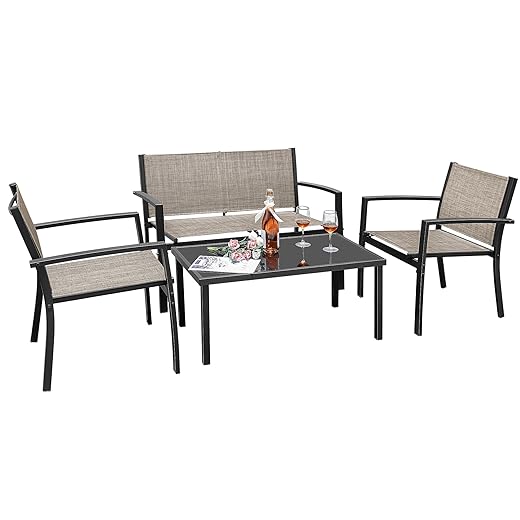 Greesum 4 Pieces Outdoor Furniture Set All Weather Patio Conversation Set with Porch Loveseat, Garden Bistro Chairs with Glass Coffee Table for Garden Backyard Poolside Textile Modern, Brown