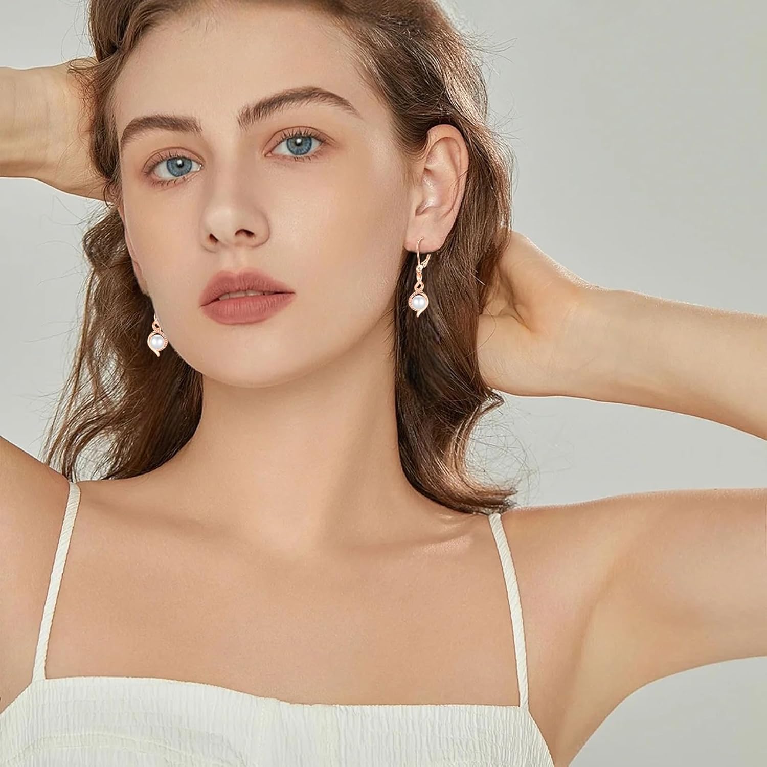 Pearl Dangle Drop Earrings 925 Sterling Silver Infinity Leverback Earrings Pearl Jewelry for Women - Image 2