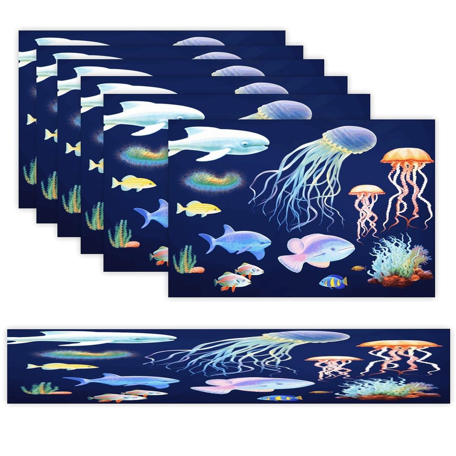 Aquatic Sea Animal Table Runner and Placemats Set of 6 Wipe Clean Heat Resistant Table Mat with Table Runner Decorations Flax Linen Place Mat Set for Home Kitchen Party Supplies
