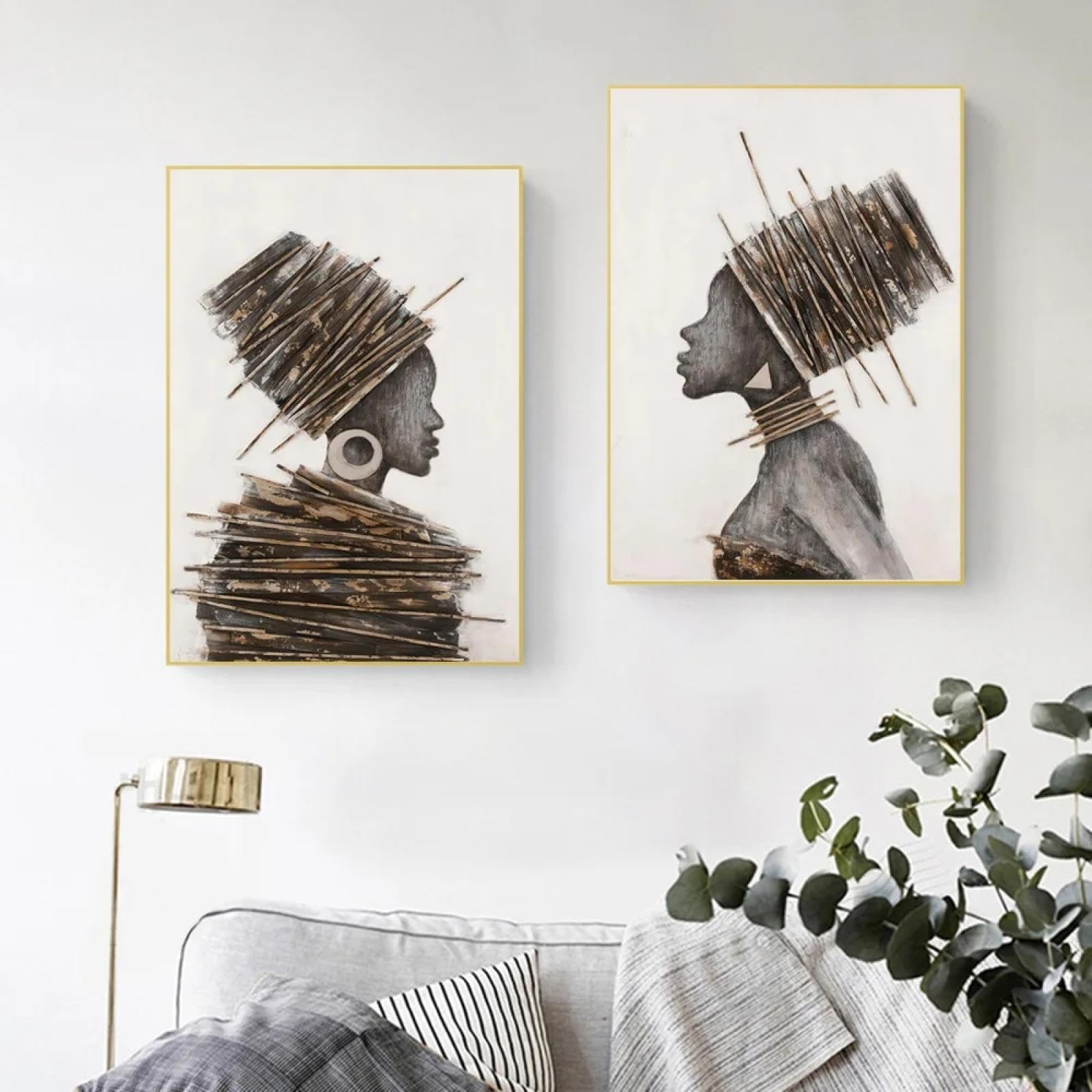 LIMAIDUO Retrato de mujer africana abstracta, pintura artística sobre lienzo, carteles e impresiones, imágenes de pared de niña negra de color marrón oscuro, decoración de 80 x 120 cm x 2 sin marco