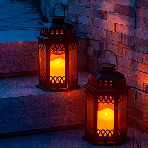 Miniatura 7 de SteadyDoggie Paquete de 2 faroles solares de bronce, faroles colgantes retro ornamentados con asa, linterna para exteriores con vela LED