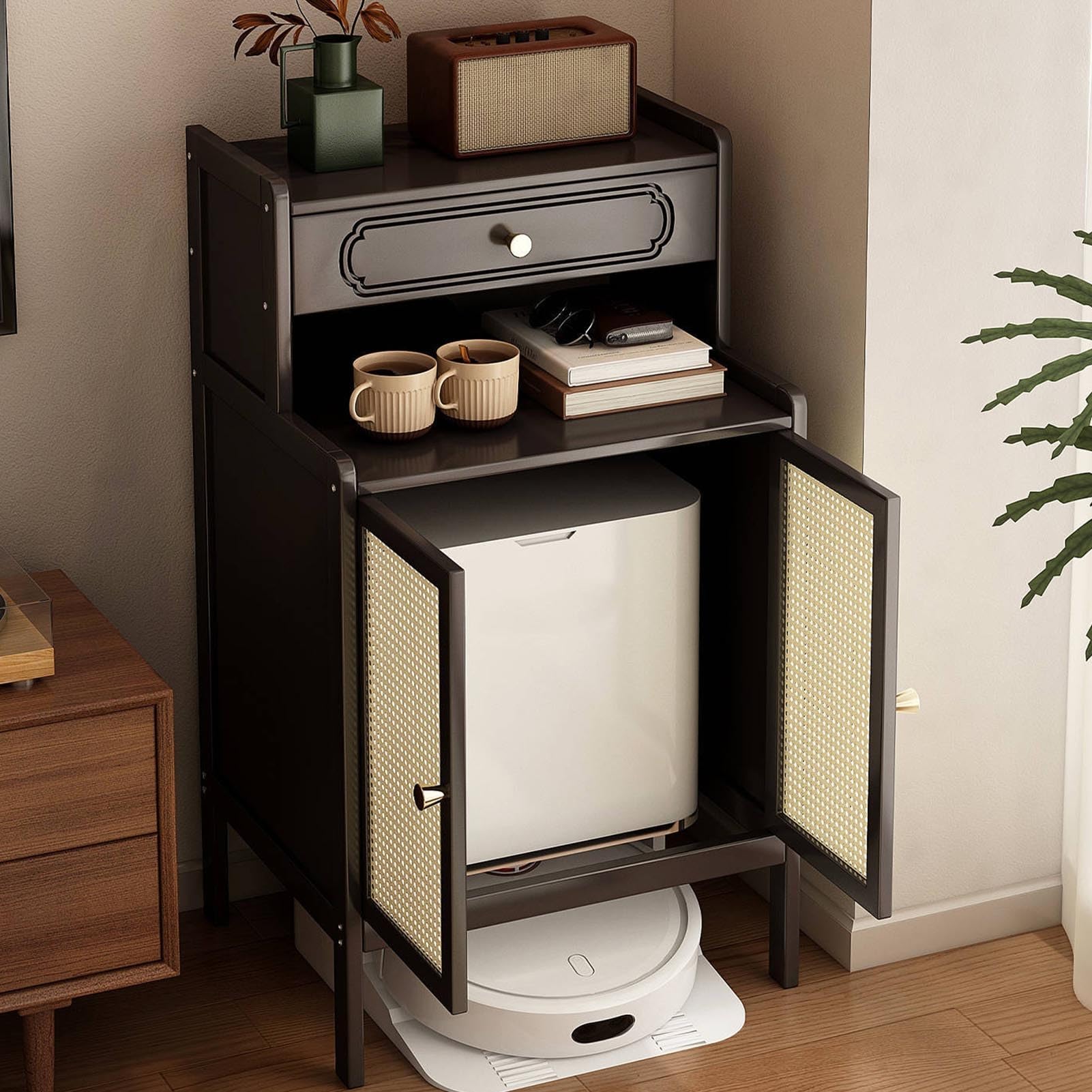 Soporte De Vacío For Robot De Bambú Con Puertas Y Cajones, Mesa Auxiliar De Gabinete De Almacenamiento Al Vacío For Robot Móvil For Sala De Estar, Oficina En Casa, Cocina(Brown)