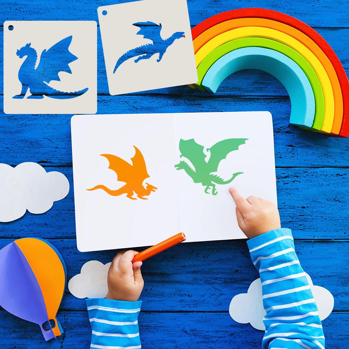 FINGERINSPIRE 9PCS Dragon Painting Stencil 15x15cm Dragon Silhouette Template With Paint Brush Hollowed Dragon With Wings Stencil Reusable Pterosaur Template Fantasy Theme Stencil For DIY Crafts