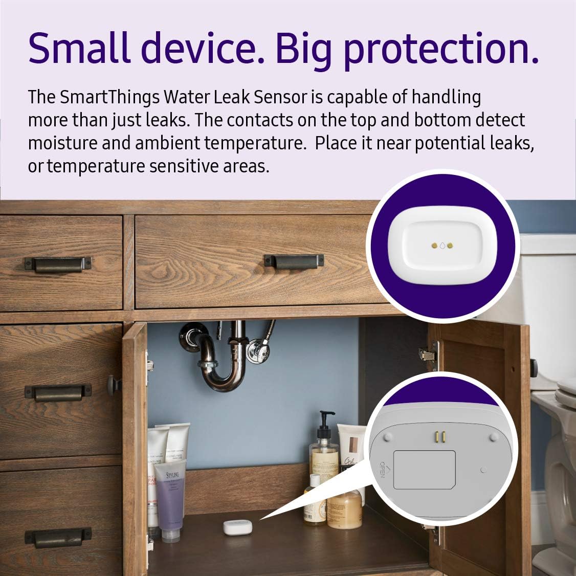 Samsung indoor GP-U999SJVLCAA SmartThings Water Leak Sensor - Automate Lights & Siren for Alert - ZigBee, Accessory Hub, White, 720p