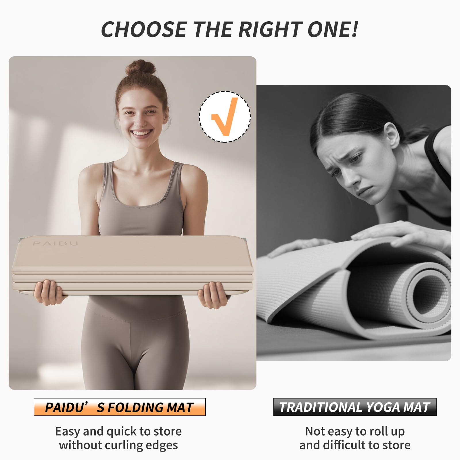 PAIDU Tappetino da yoga pieghevole, extra spesso, 10 mm, certificato SGS, in TPE antiscivolo, extra lungo, 193 x 66 cm, portatile e facile da riporre, per yoga, pilates, palestra a casa e allenamenti
