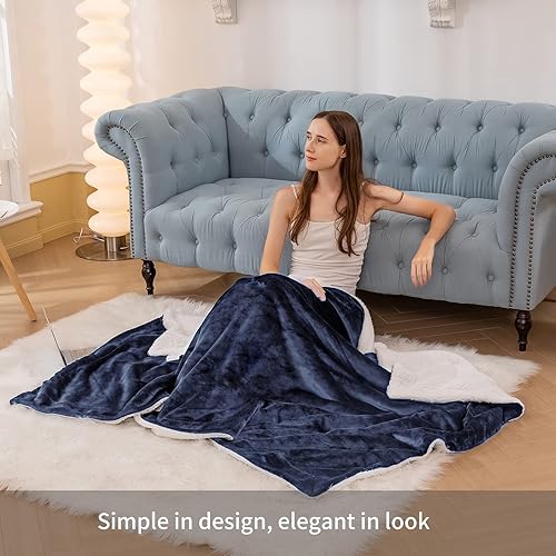 Miniatura 3 de Aisbo Manta cálida tamaño individual  Manta reversible de franela sherpa extra gruesa, color azul marino para cama de tamaño individual, manta de