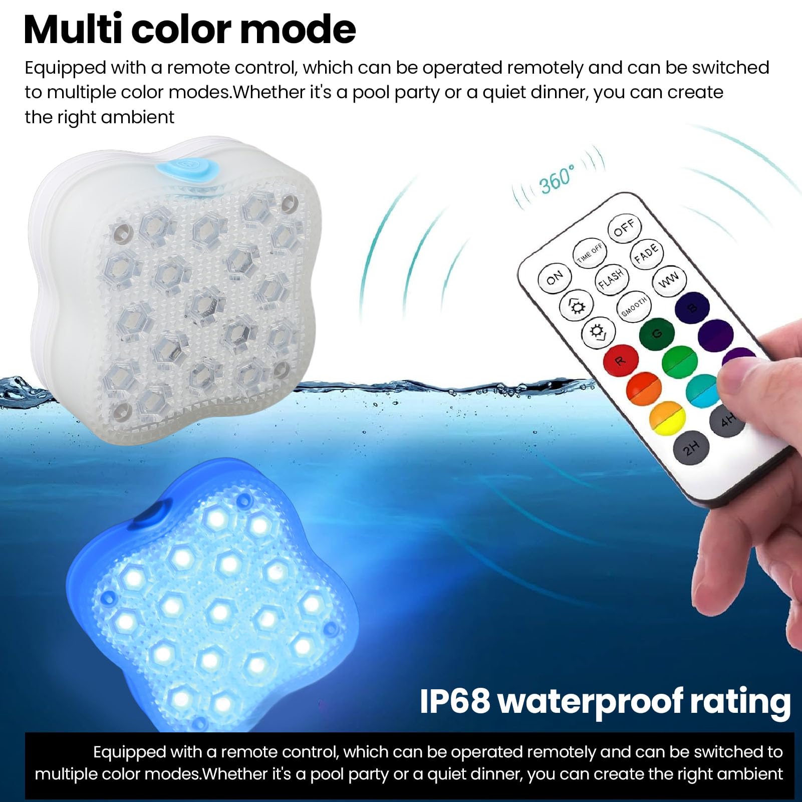 2 Luci per Piscina, Luci Professionali IP68 Impermeabili 17 LED con Telecomando Design Magnetico Antiscivolo Modalità Multi Colore Illuminazione Potente per Vasca Bagno Bar