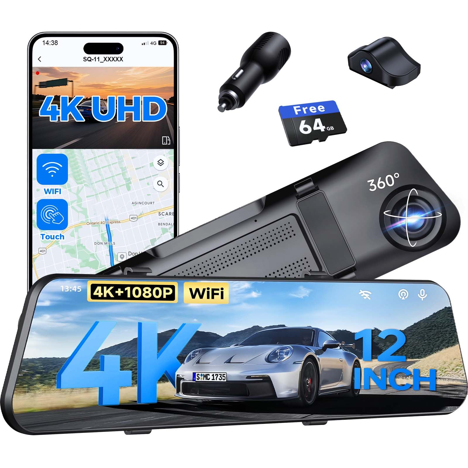 4K Mirror Dash Cam Rear View Mirror Camera with WiFi Dash Cam Front and Rear for Car G-Sensor