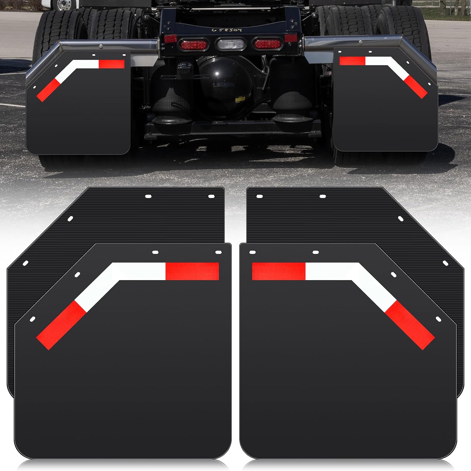 BBTO 4 Pack 24" x 24" Angled Mud Flaps for Semi Trucks 1/5" Thick Black Heavy Duty Mudflaps with 8 Pcs PVC Night Reflective Stickers Fit for Semi Trucks Trailers