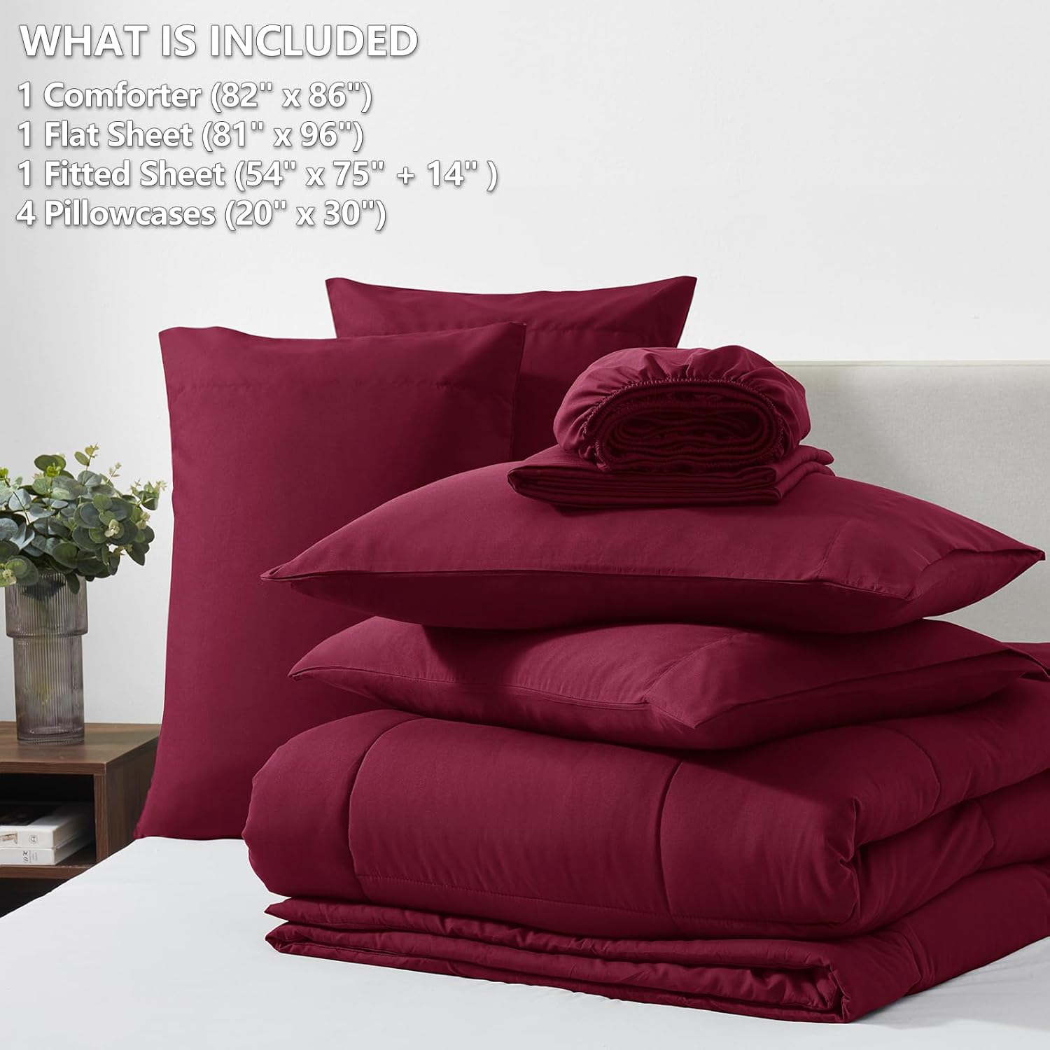 CozyLux Full Size Comforter Sets Burgundy, 7 Pieces Bed in a Bag, Red Comforter Full Size, All Season Bedding Sets with Stitch Quilted Comforter, Flat Sheet, Fitted Sheet, Pillowcases - Image 6