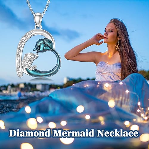 Miniatura 6 de LWXIE Collar de sirena de diamantes para mujer, plata de ley 925, collar con colgante de corazón de diamante, collar de océano, joyería de playa,