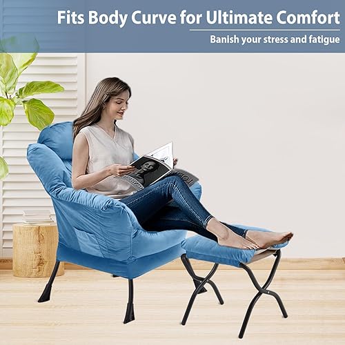 Vista 5 de Silla Lazy con otomana plegable, silla decorativa de terciopelo tapizada con estructura de metal y almohadillas antideslizantes, sillón