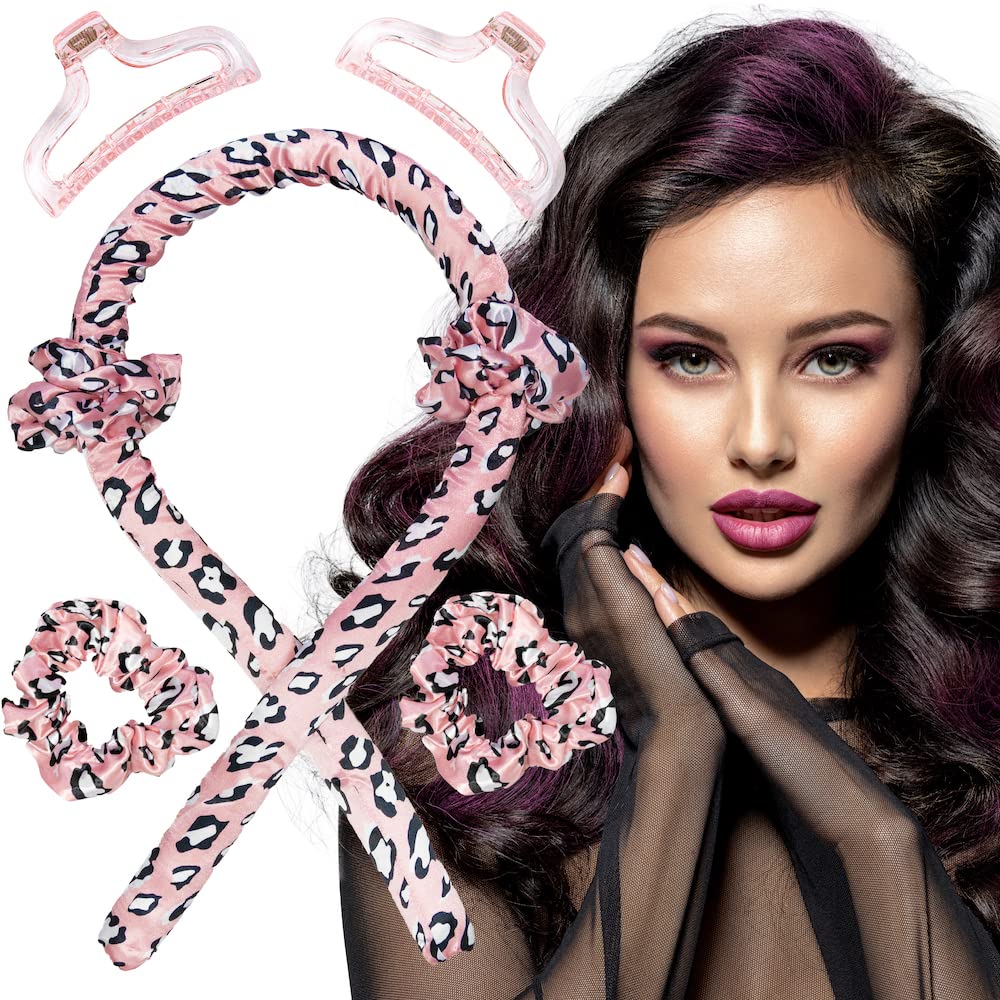 Heatless Curling Rod Silk Headband, No Heat Curls Rollers, Curlers with Ribbons Sleeping Soft Wave Hair Curler DIY Hair Styling Tools Formers for Long Medium Hair (Pink Leopard)