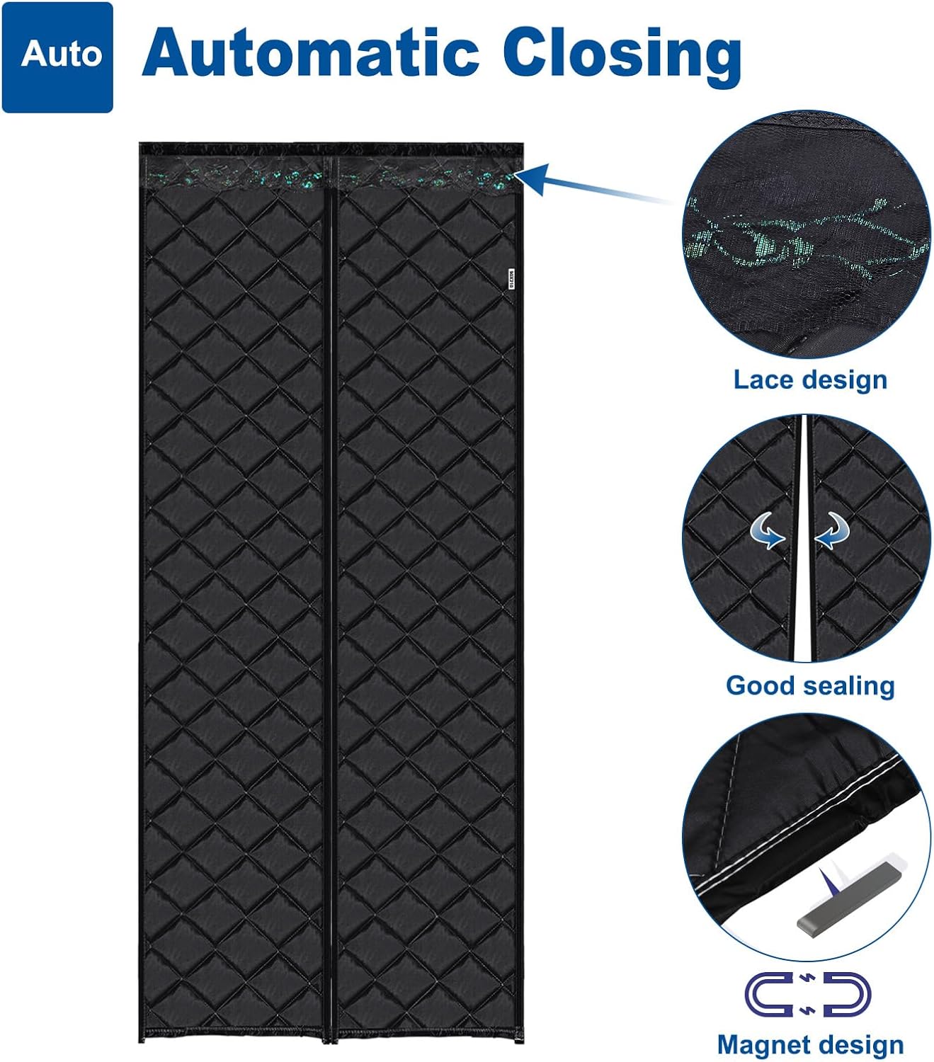 uxcell Magnetic Thermal Insulated Door Curtain, Fits Door Size 33" x 81", Durable Thicken Oxford Fabric Door Blanket, Center Opening, Keep Warm in Winter and Cool in Summer, Black