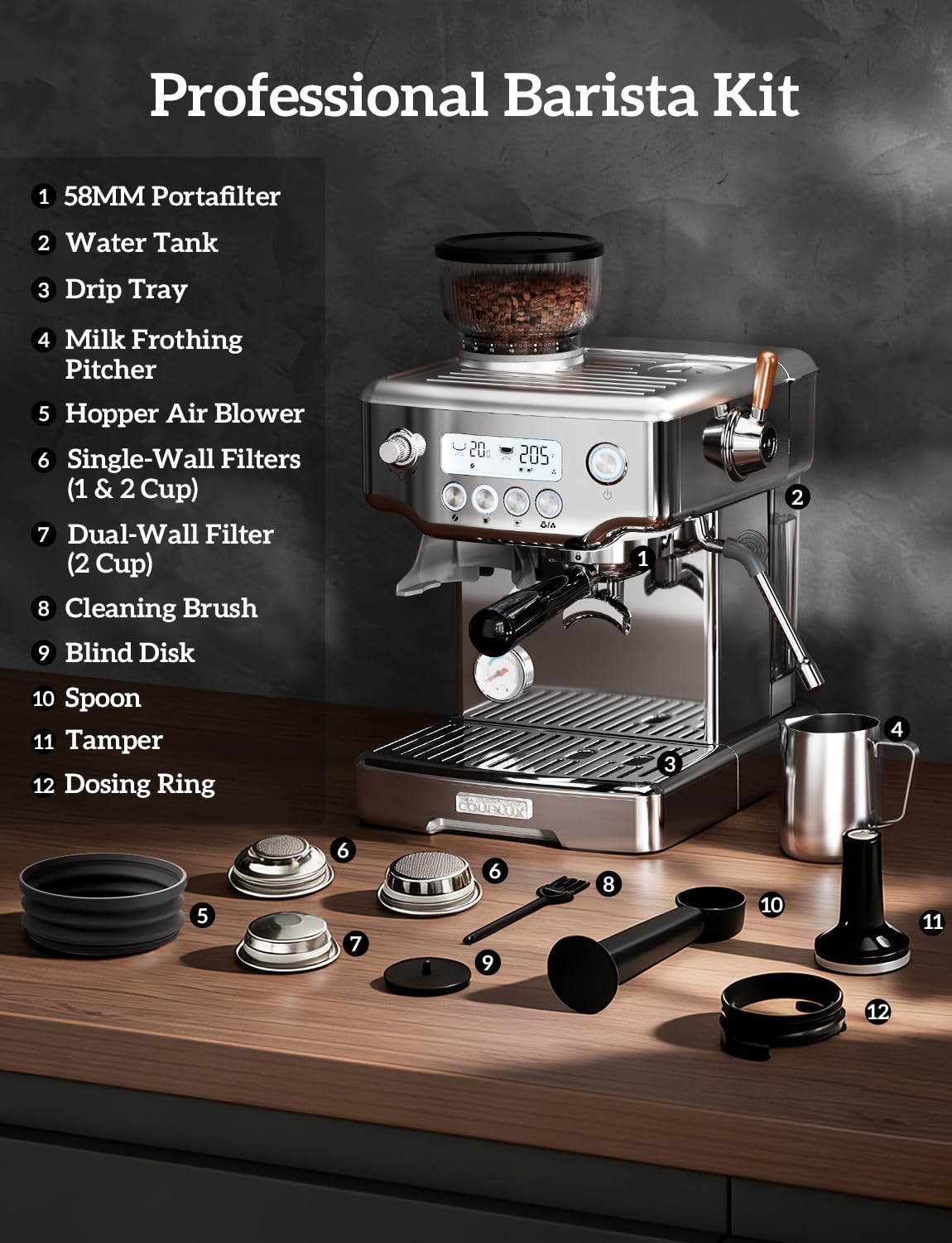 COUPLUX Máquina de café expreso, 4 en 1, máquina de café expreso profesional de 58 mm con amoladora, ajuste de 5 temperaturas y cafetera de café expreso compacta, 15 barras con potente espumador de