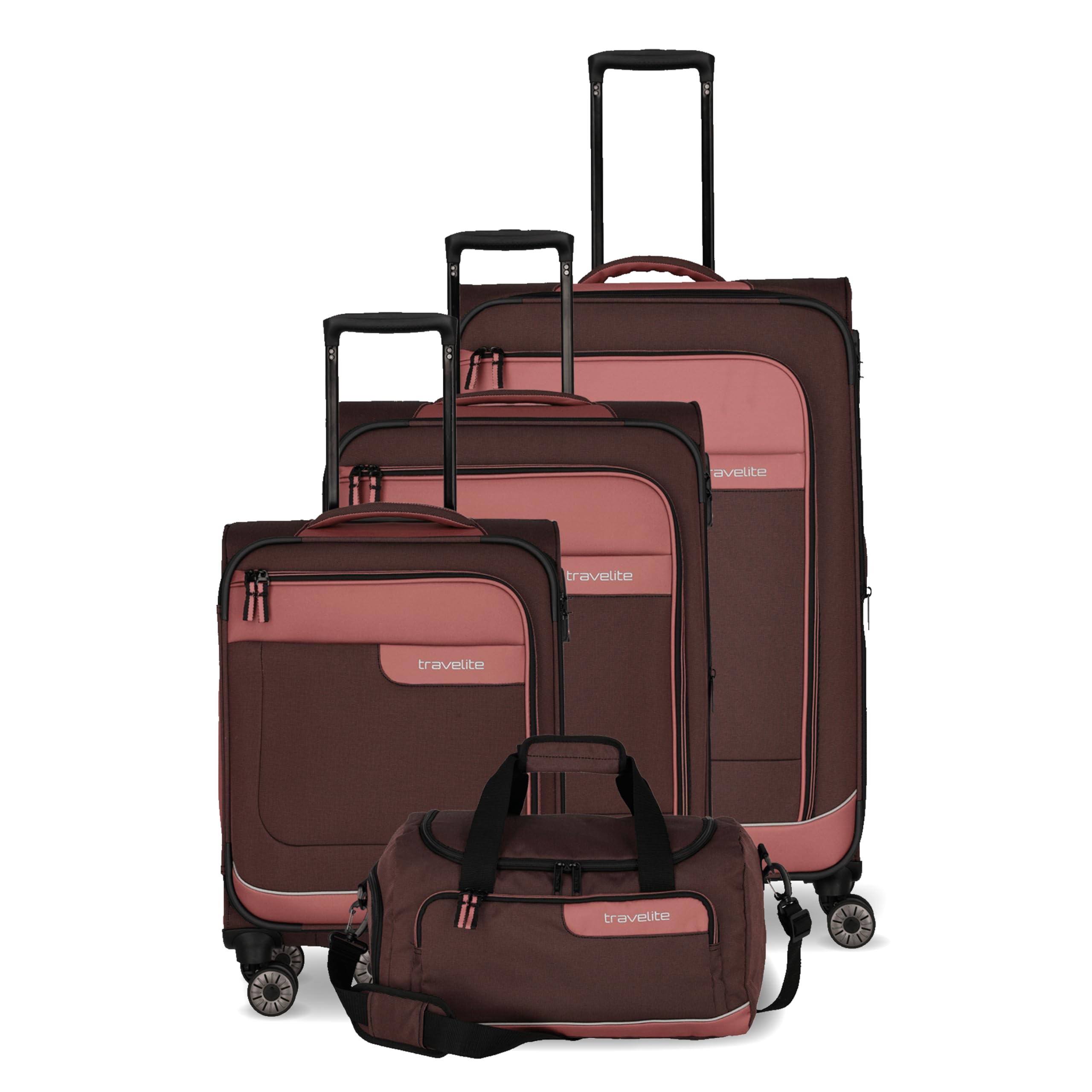 Travelite 4-Rad Koffer Set Weichschale aus recyceltem Material, Größen L/M/S + Reisetasche, Gepäck Serie VIIA: Trolley Set mit Handgepäck im IATA Bordgepäck Maß